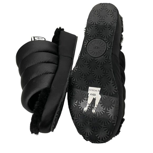 UGG Slipper Slides Womens Size 5 Puff Yeah Black Satin Sheepskin Slingback - Picture 3 of 3